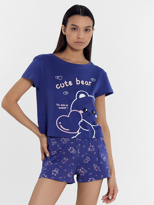 Комплект женский (джемпер, шорты) синий с милыми зверьками - 2