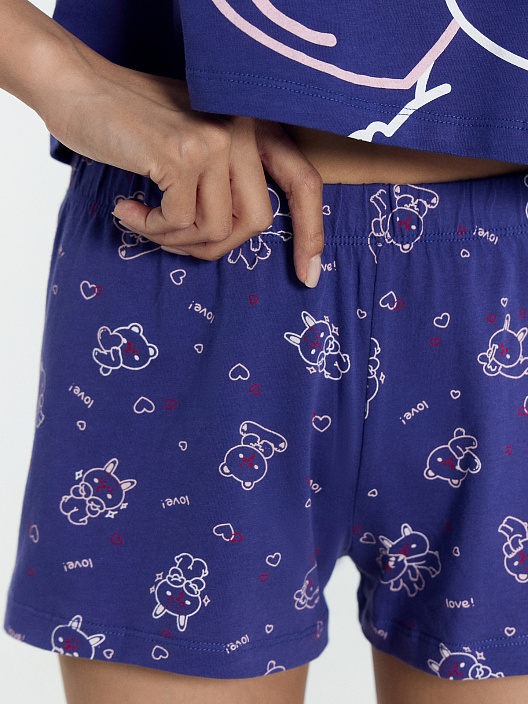 Комплект женский (джемпер, шорты) синий с милыми зверьками - 6
