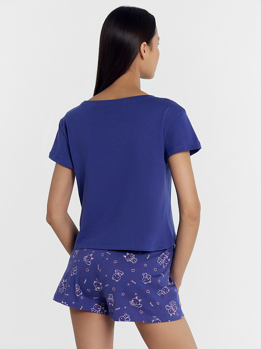 Комплект женский (джемпер, шорты) синий с милыми зверьками - 3
