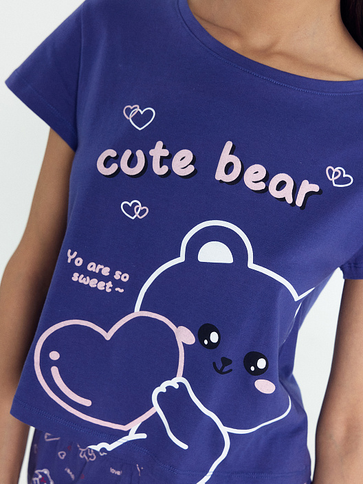 Комплект женский (джемпер, шорты) синий с милыми зверьками - 5