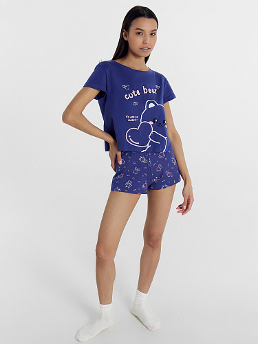 картинка Комплект женский (джемпер, шорты) синий с милыми зверьками от магазина стильной одежды Mark Formelle